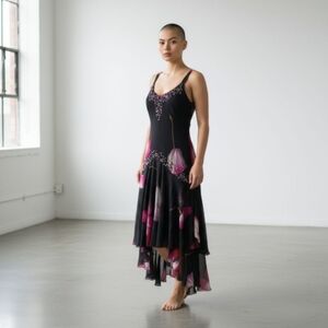 Vtg 90s Black Floral Dress Y2K Beaded Asymmetric Hem Whimsigoth Dark Fairy Sz M